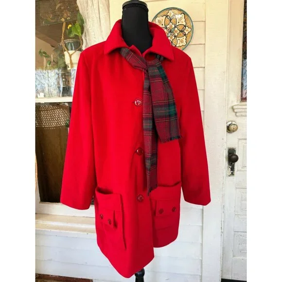 Vintage 80's Veloura Fleece Red Womens Jackect Coat With Scarf Sz 12 - Picture 1 of 14